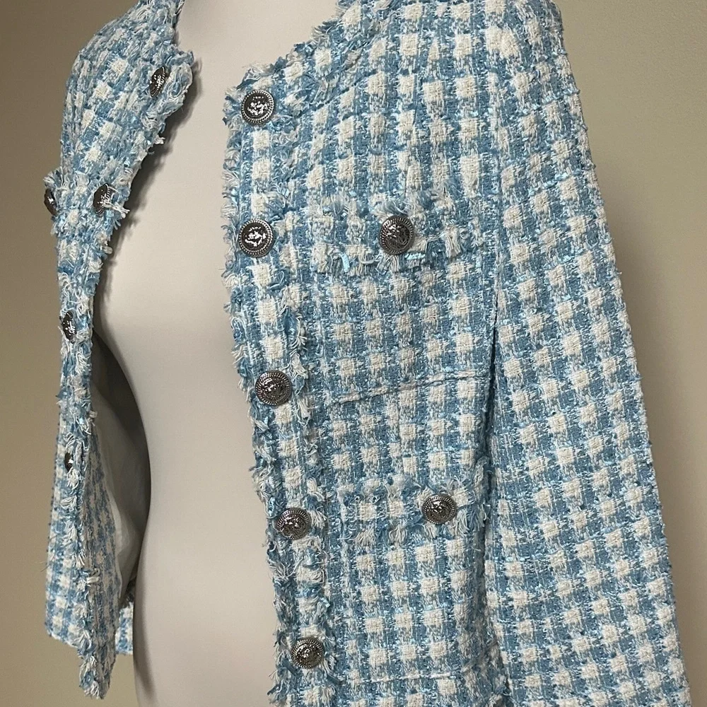 NIWIY Blue White Tweed Bouclé Blazer Jacket Size M - Picture 5 of 6